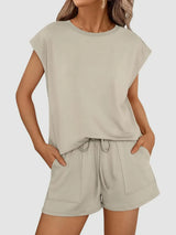Round Neck Cap Sleeve Top and Shorts Set - Trendsi - Flyclothing LLC