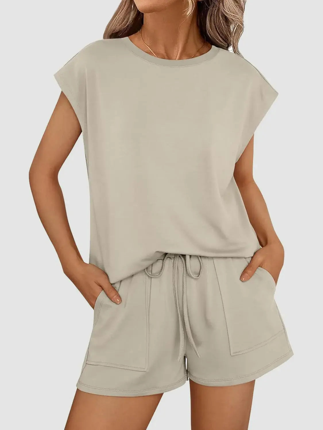 Round Neck Cap Sleeve Top and Shorts Set - Trendsi - Flyclothing LLC