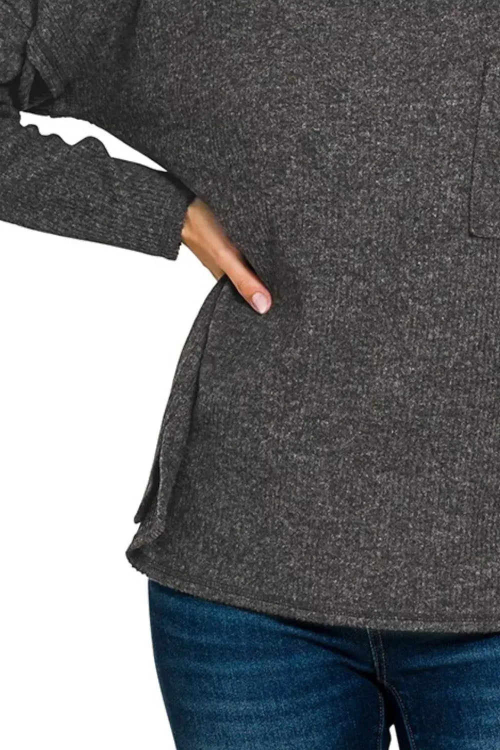 Zenana Ribbed Brushed Melange Hacci Sweater with Chest Pocket - Trendsi - Flyclothing LLC