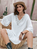 Plus Size Lace Detail Tie Neck Three-Quarter Sleeve Mini Dress - Trendsi - Flyclothing LLC