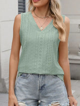 V-Neck Eyelet Knit Cami Tank Top - Trendsi - Flyclothing LLC