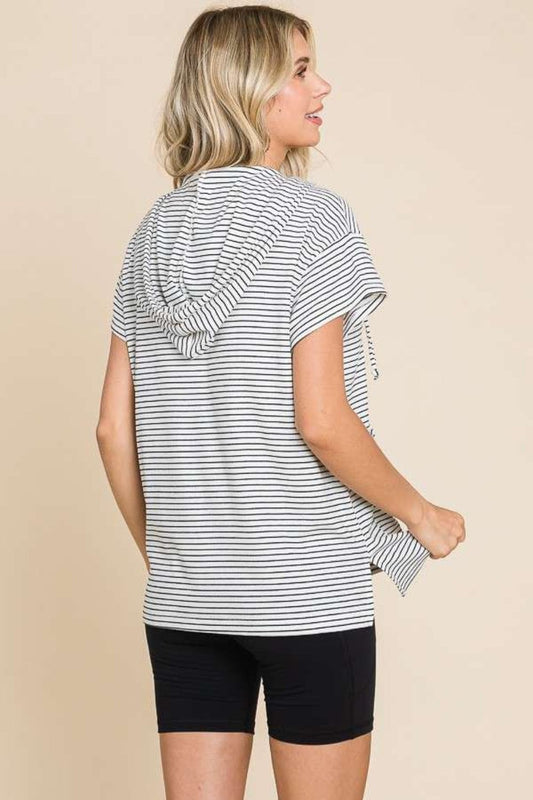 Culture Code Full Size Striped Short Sleeve Hooded Top - Trendsi