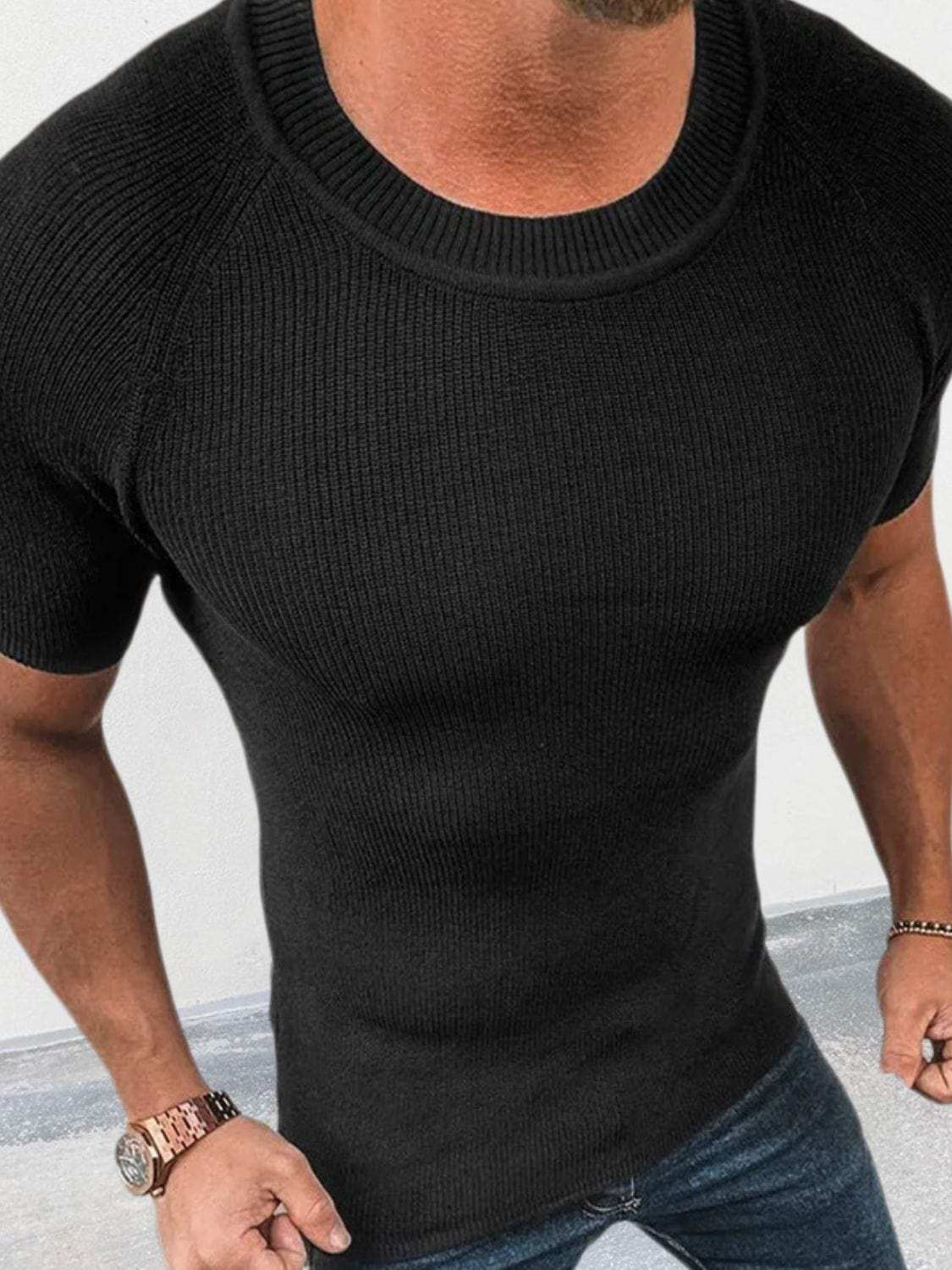 Men's Round Neck Short Sleeve Ribbed Knit T-Shirt - Trendsi - Flyclothing LLC