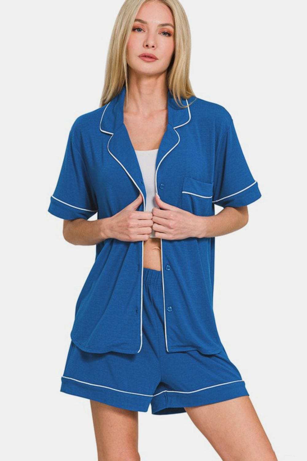 Zenana Button Down Short Sleeve Top and Shorts Lounge Set - Trendsi - Flyclothing LLC