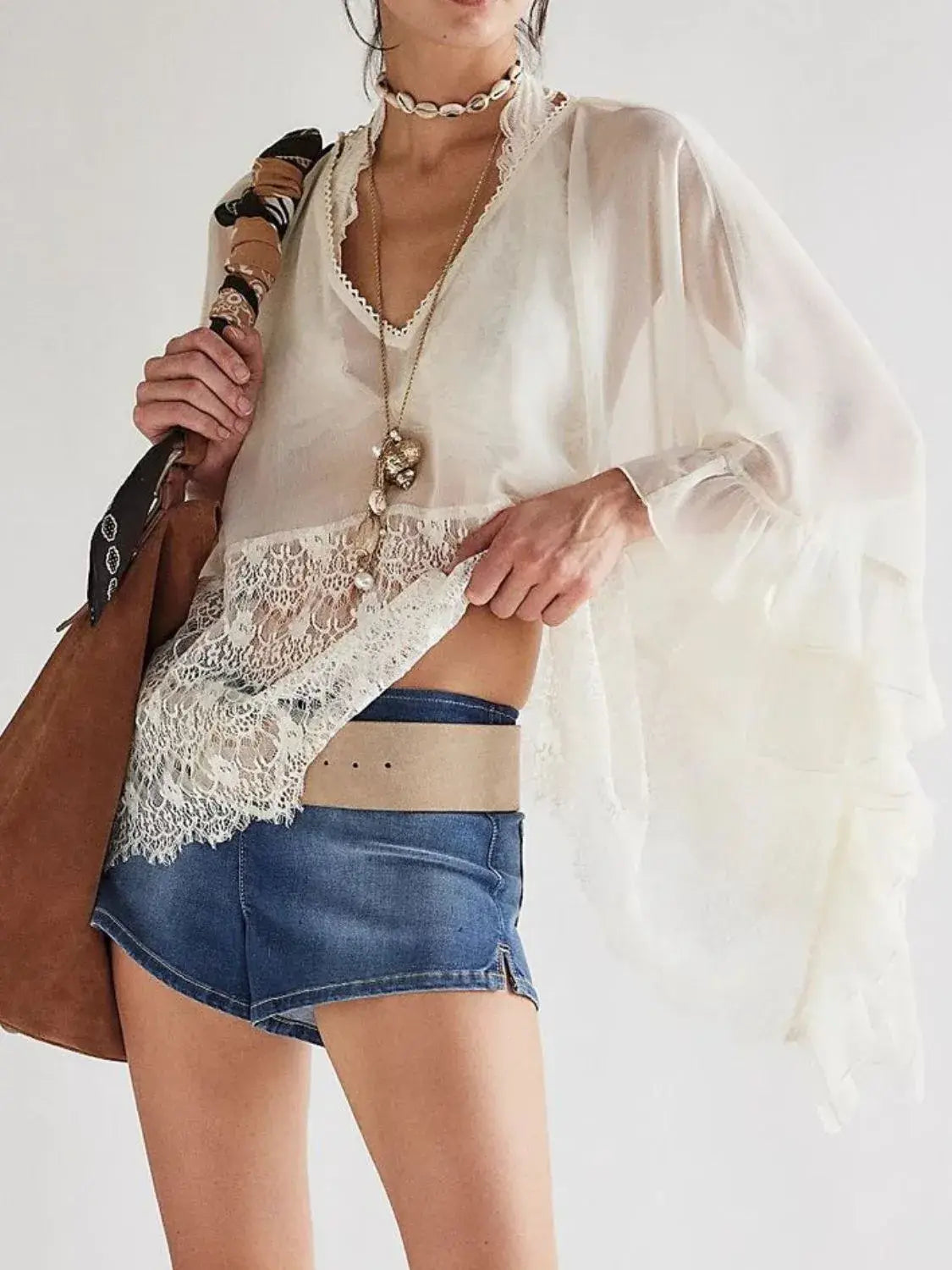 Lace V-Neck Ruffle Long Sleeve Cover-Up - Trendsi - Flyclothing LLC