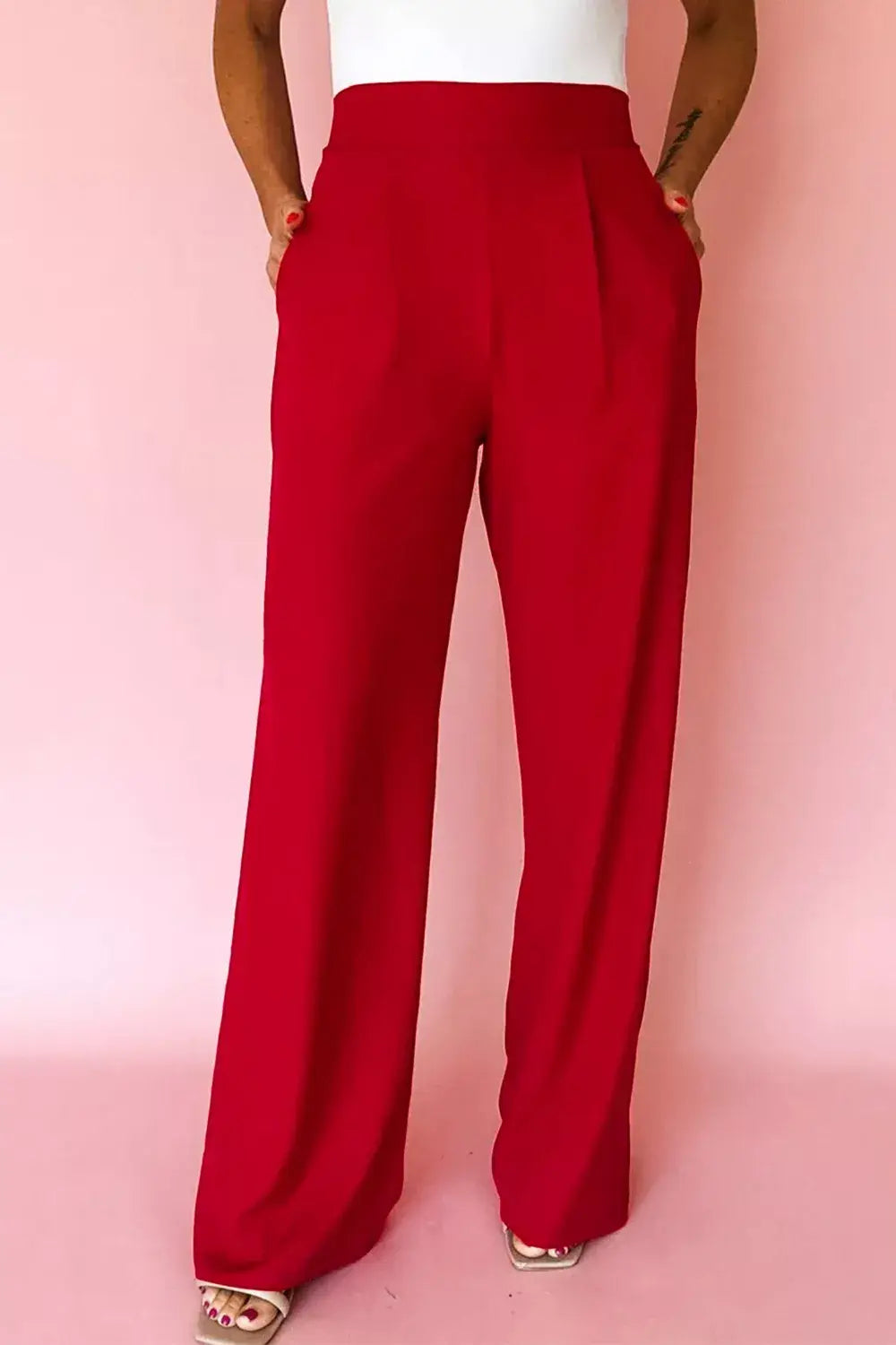Pleated Detail Pull On High Elastic Waist Loose Straight Pants - Trendsi - Flyclothing LLC