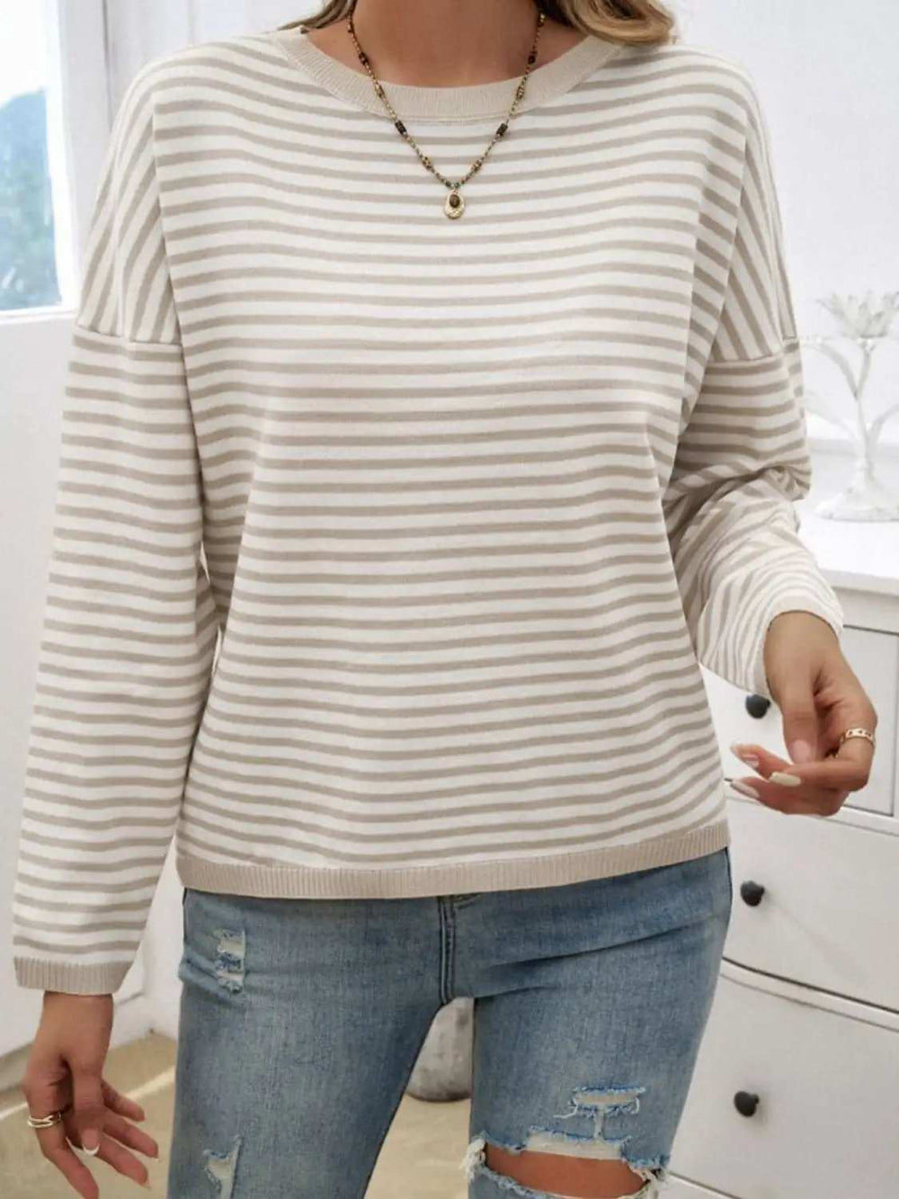 Striped Round Neck Dropped Shoulder Sweater - Trendsi - Flyclothing LLC