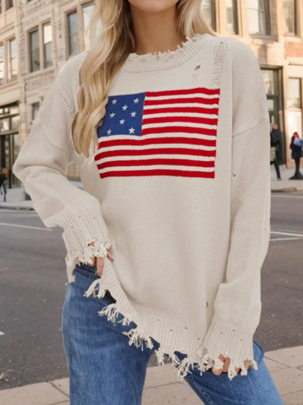 US Flag Distressed Round Neck Long Sleeve Sweater - Trendsi