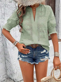 Eyelet Notched Flounce Sleeve Blouse - Trendsi - Flyclothing LLC