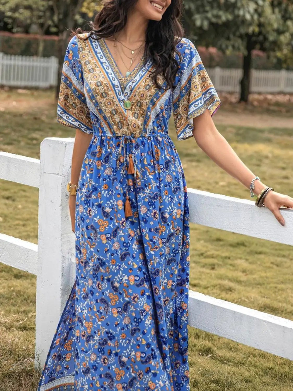 Slit Printed V-Neck Half Sleeve Maxi Dress - Trendsi