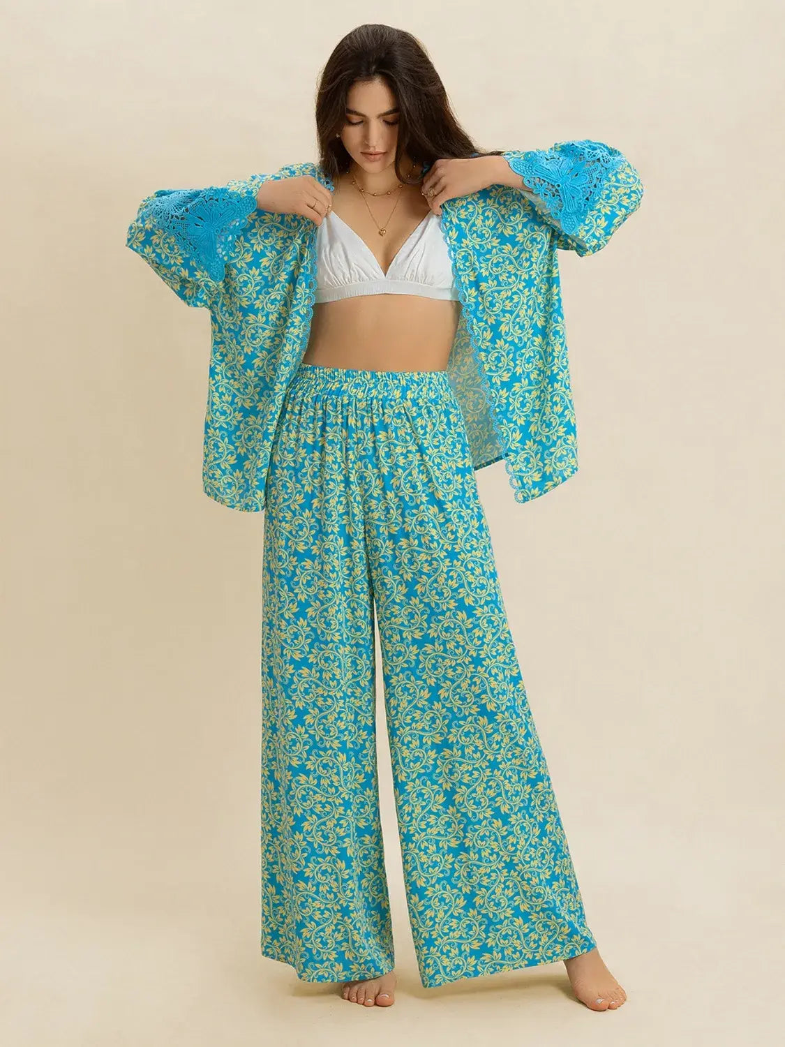 Open Front Printed Top and Pants Set - Trendsi - Flyclothing LLC