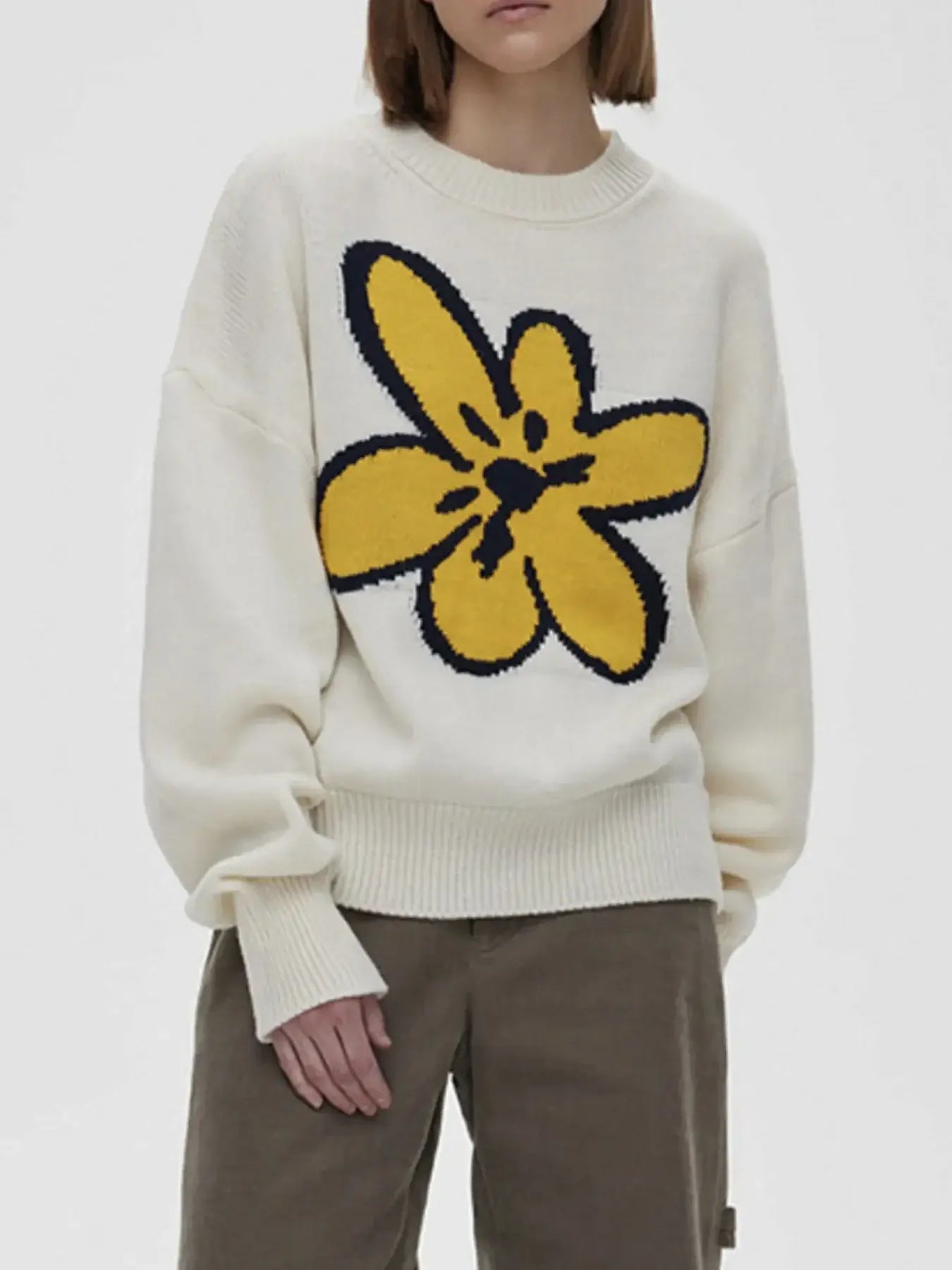 Flower Ribbed Hem Round Neck Sweater - Trendsi - Flyclothing LLC