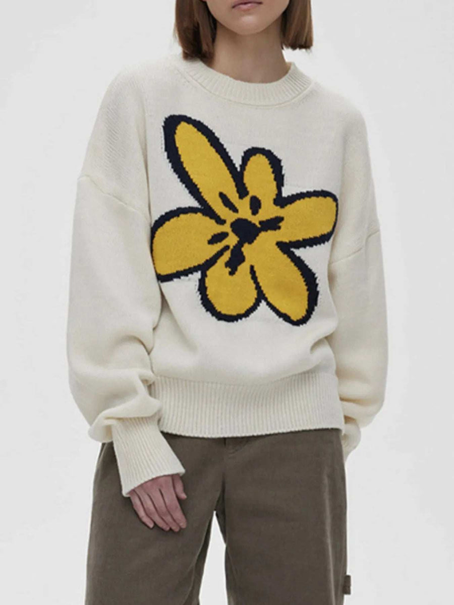 Flower Ribbed Hem Round Neck Sweater - Trendsi - Flyclothing LLC