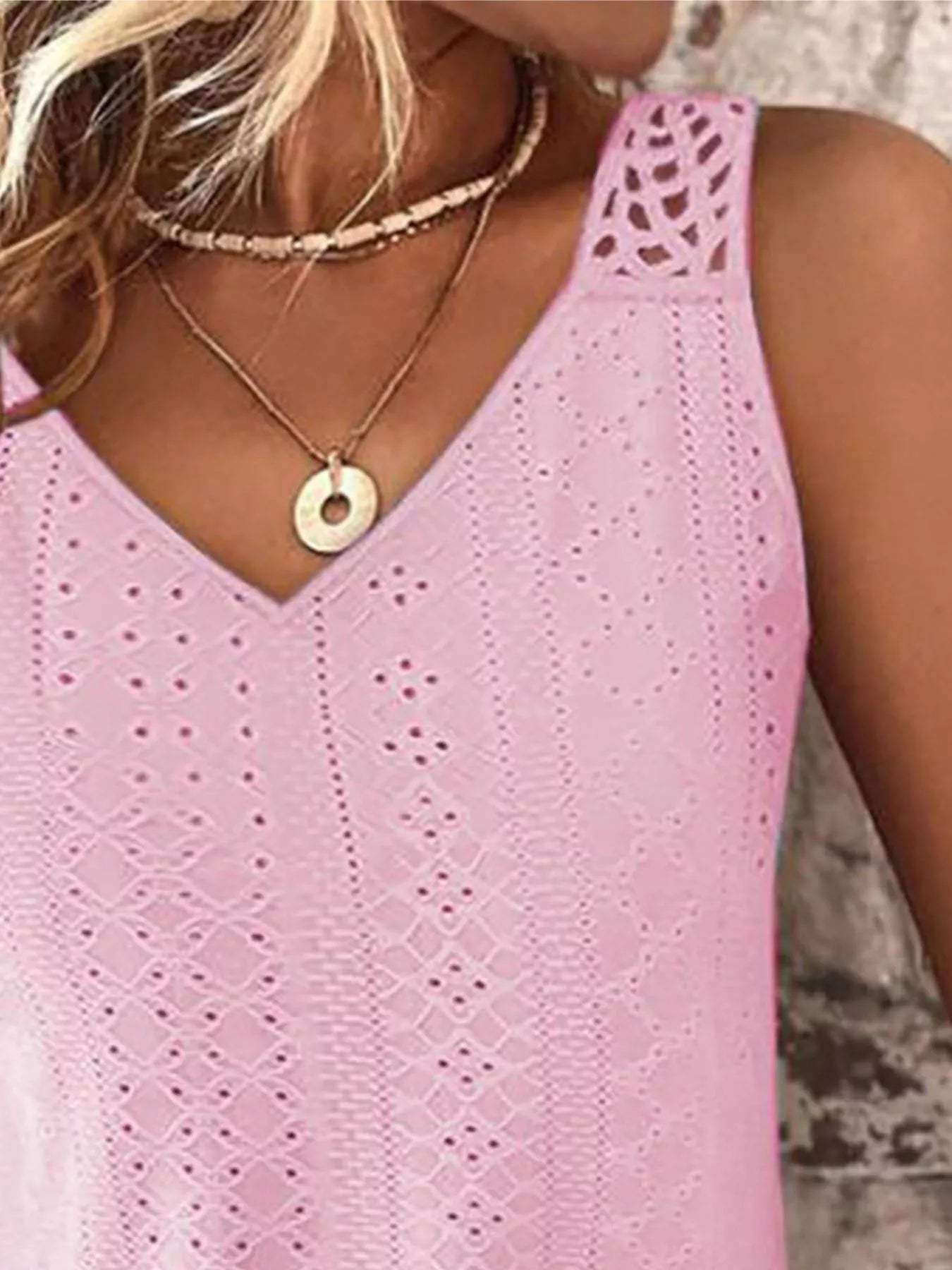 Eyelet Lace Trim V-Neck Tank Top - Trendsi - Flyclothing LLC