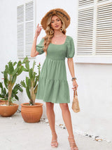 Swiss Dot Smocked Square Neck Dress - Trendsi - Flyclothing LLC