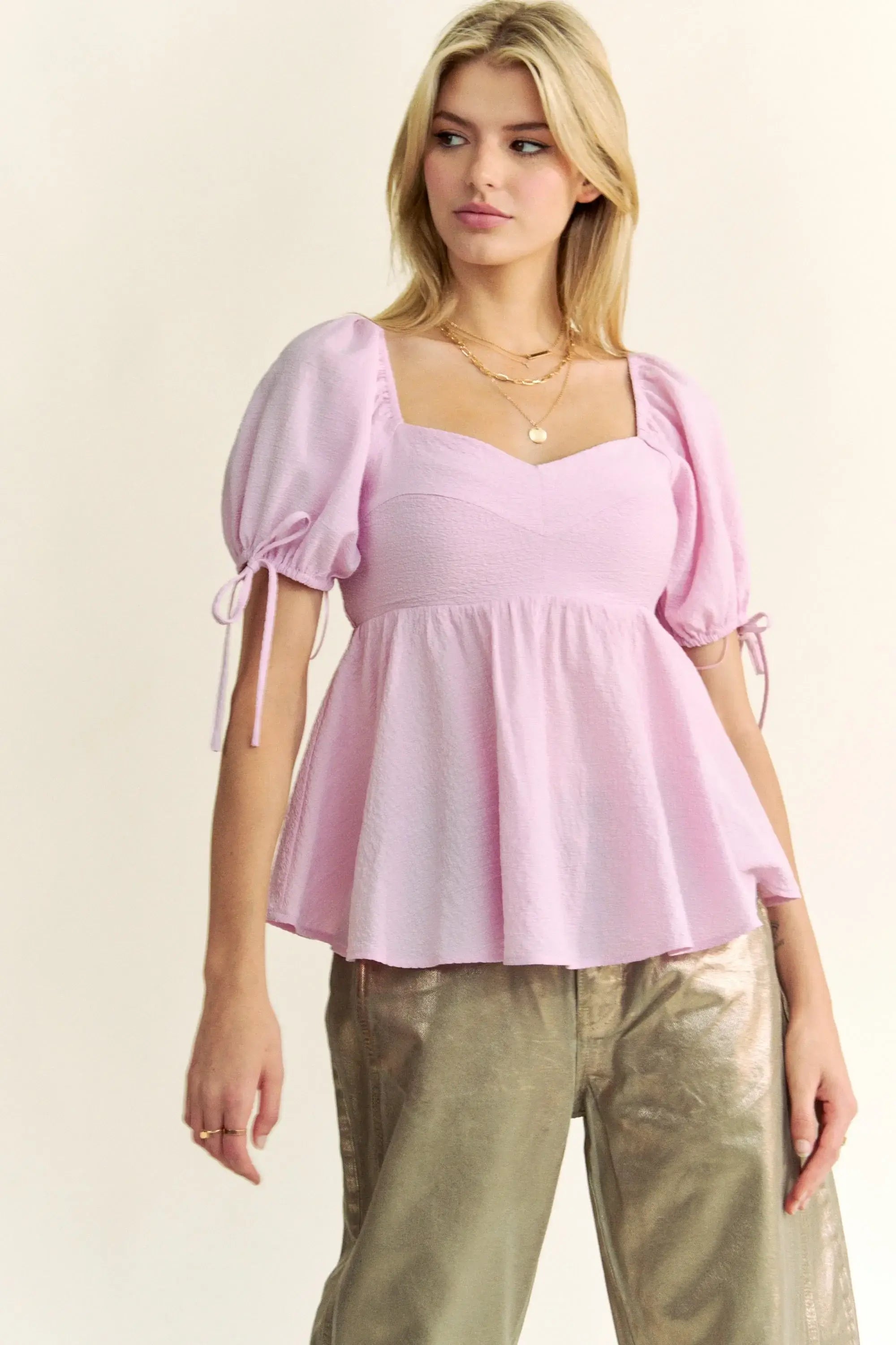 Davi & Dani Solid Elastic Peplum Puffed Sleeves Blouse - Trendsi - Flyclothing LLC