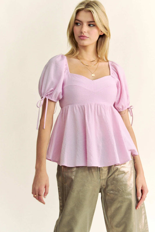 Davi & Dani Solid Elastic Peplum Puffed Sleeves Blouse - Trendsi - Flyclothing LLC