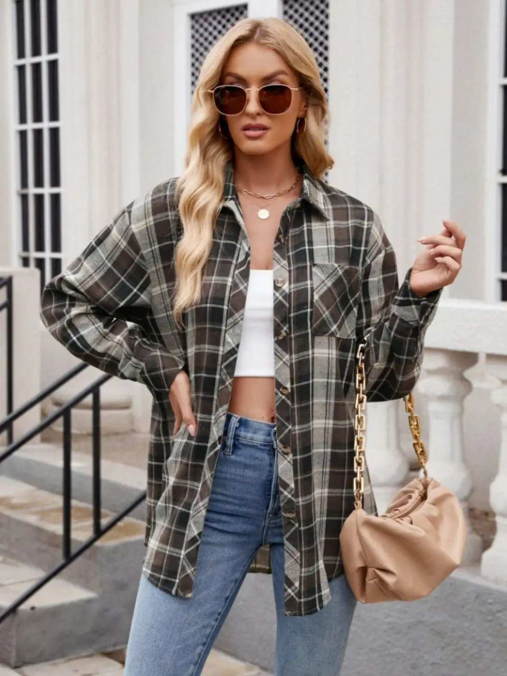 Pocketed Plaid Collared Neck Long Sleeve Shirt - Trendsi - Flyclothing LLC