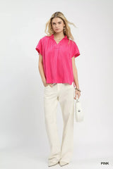Umgee Texture Flutter Sleeve Notched Blouse - Trendsi - Flyclothing LLC