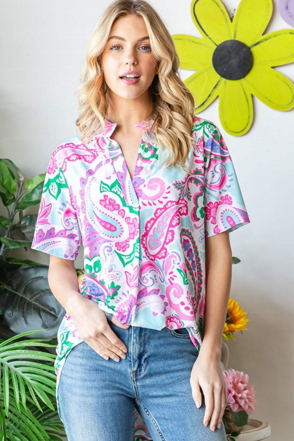 Heimish Full Size Paisley Print Short Sleeve Top - Trendsi - Flyclothing LLC