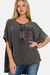 Zenana Washed Texture Half Button T-Shirt - Trendsi - Flyclothing LLC