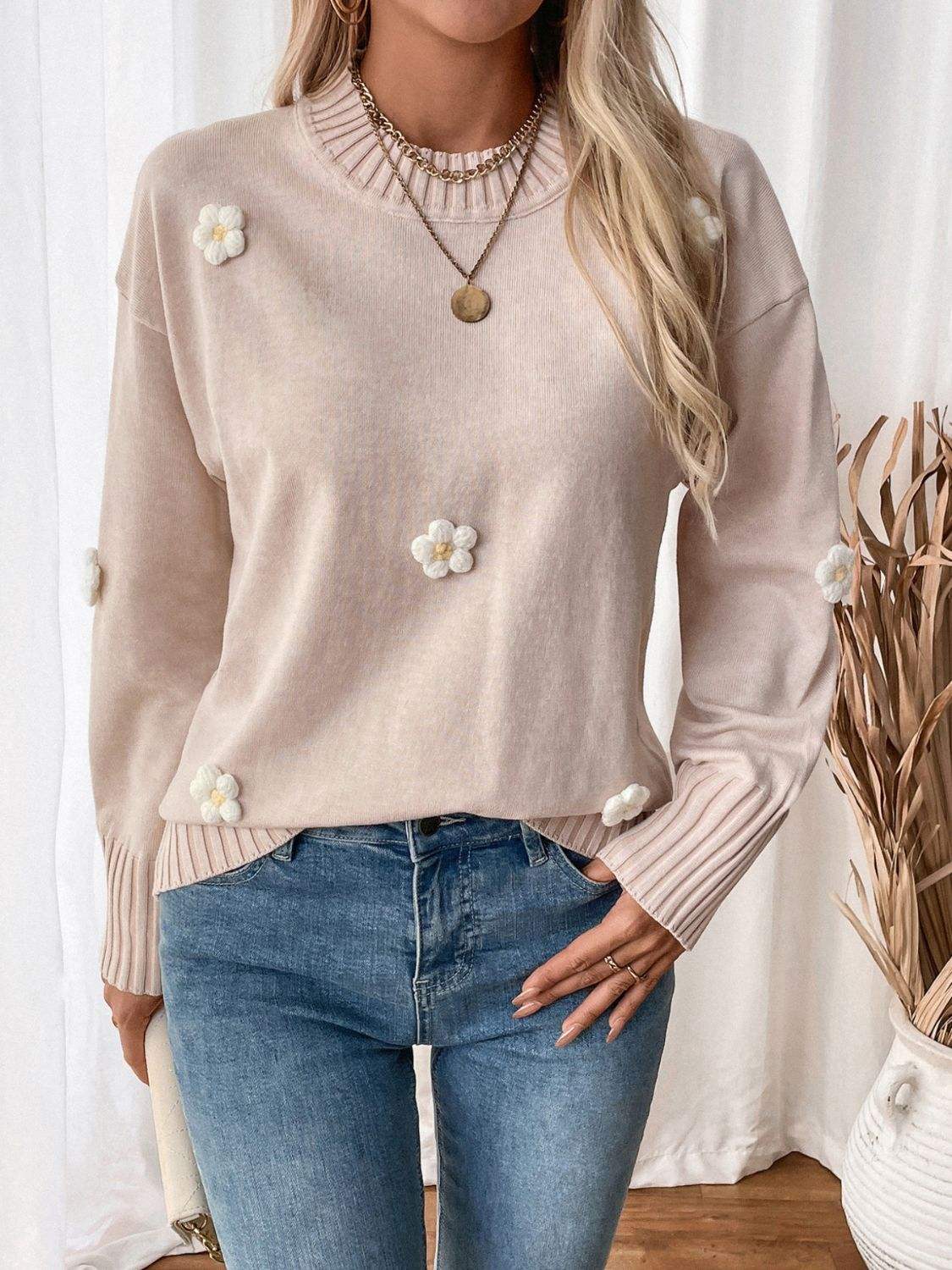 Perfee Flower Round Neck Long Sleeve Sweater - Trendsi - Flyclothing LLC