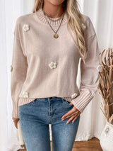 Perfee Flower Round Neck Long Sleeve Sweater - Trendsi - Flyclothing LLC