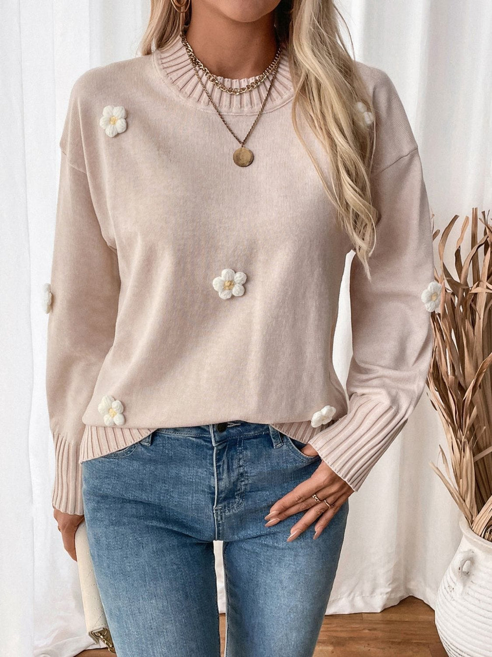 Perfee Flower Round Neck Long Sleeve Sweater - Trendsi