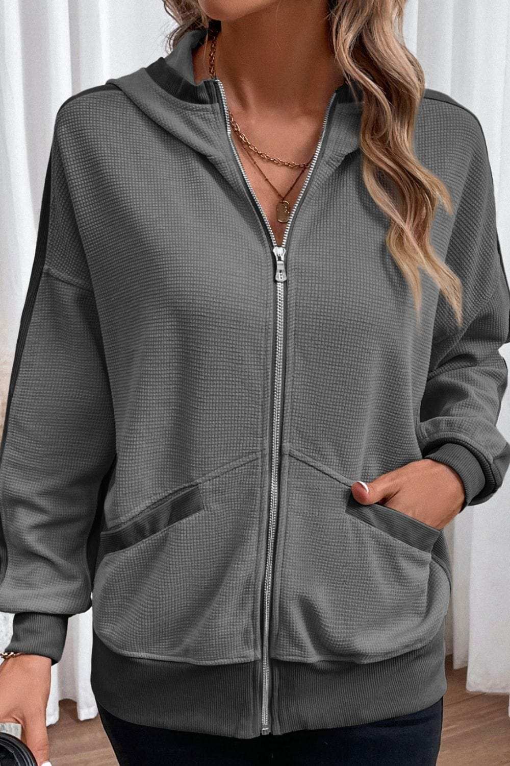 Waffle-Knit Pocketed Zip Up Hooded Jacket - Trendsi - Flyclothing LLC