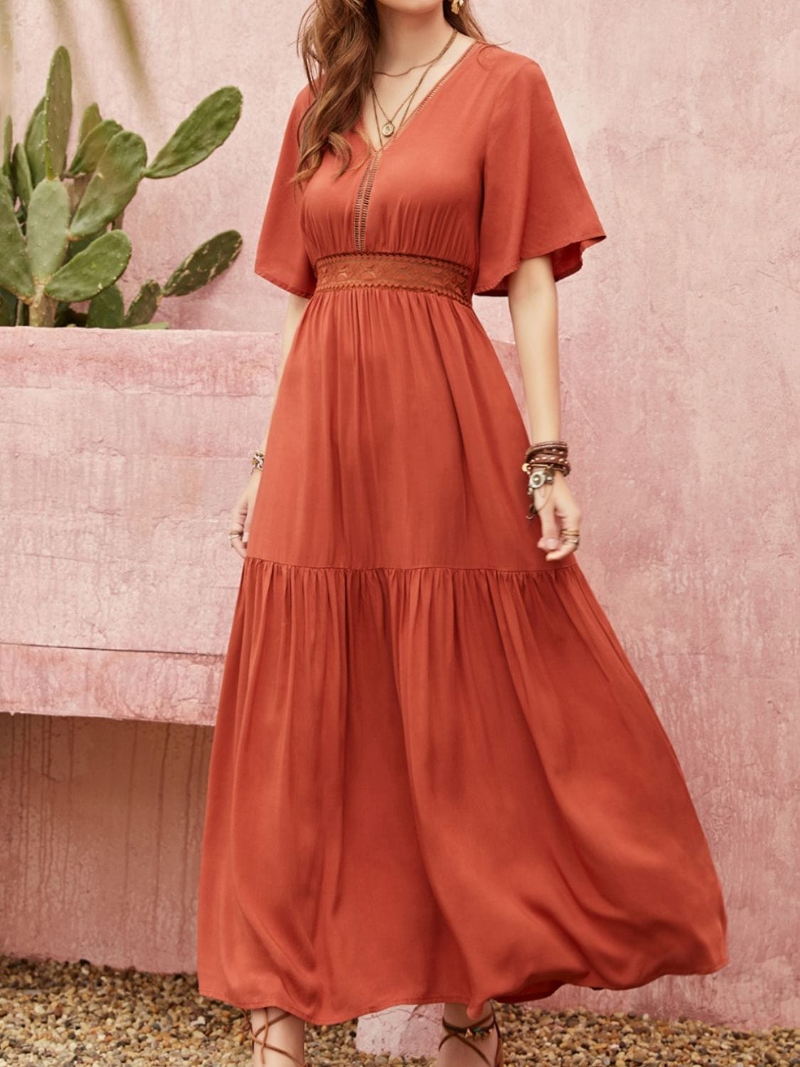Lace Detail V-Neck Half Sleeve Midi Dress - Trendsi