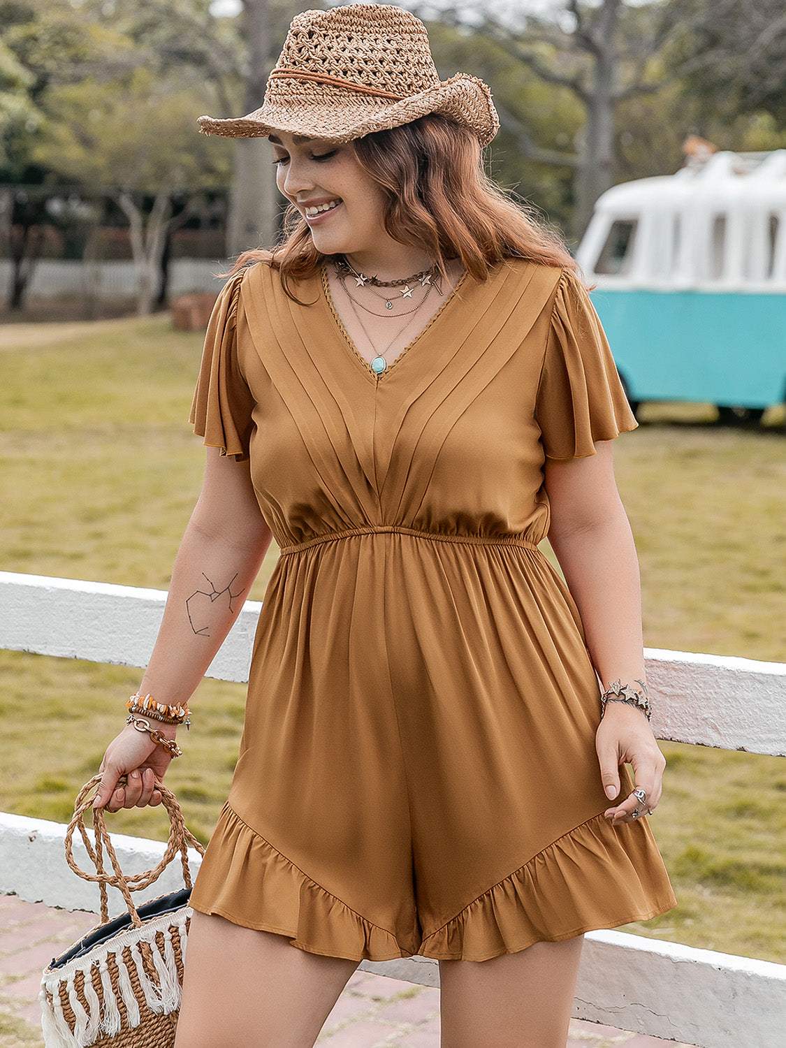 Plus Size Ruffled V-Neck Short Sleeve Romper - Trendsi - Flyclothing LLC