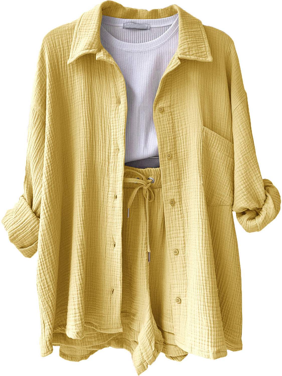 Texture Button Up Shirt and Drawstring Shorts Set - Trendsi - Flyclothing LLC