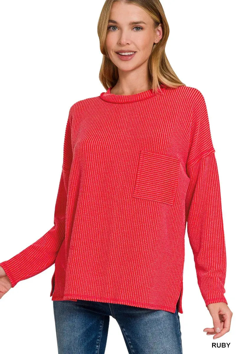 Zenana Long Sleeve Drop Shoulder Rib Top - Trendsi - Flyclothing LLC