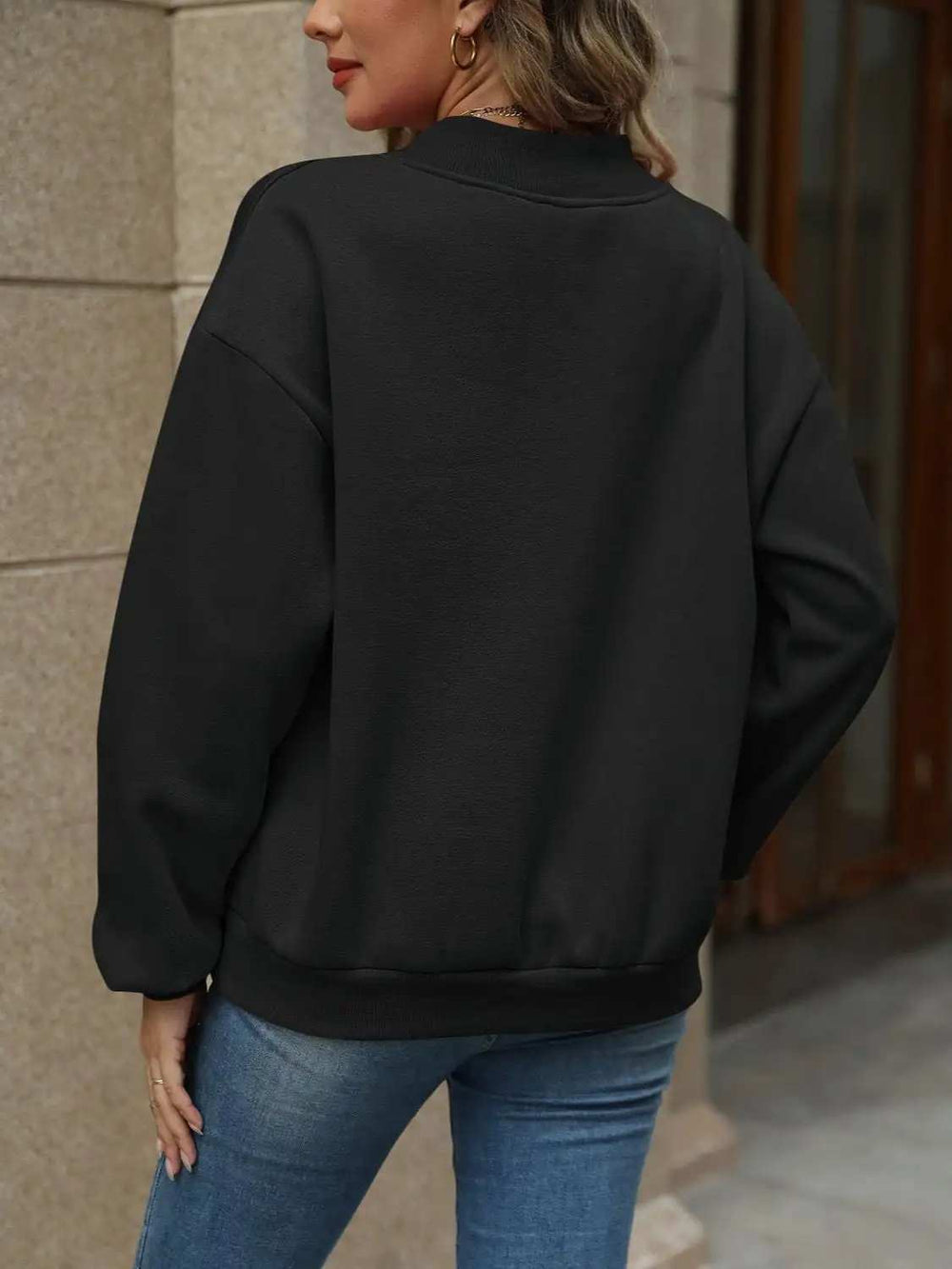 V-Neck Long Sleeve Dropped Shoulder Sweatshirt - Trendsi - Flyclothing LLC