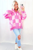 Slit Checkered Half Button Long Sleeve Sweater - Trendsi