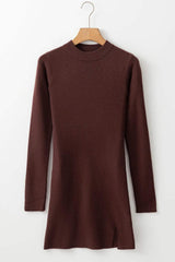 Slit Mock Neck Long Sleeve Wrap Sweater Dress - Trendsi - Flyclothing LLC