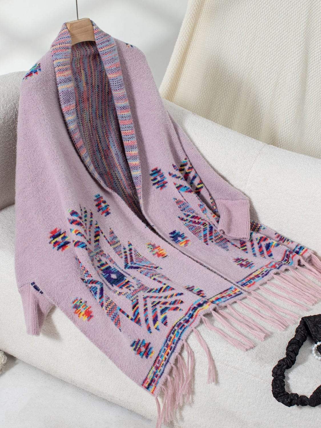 Fringe Geometric Open Front Long Sleeve Cape - Trendsi - Flyclothing LLC