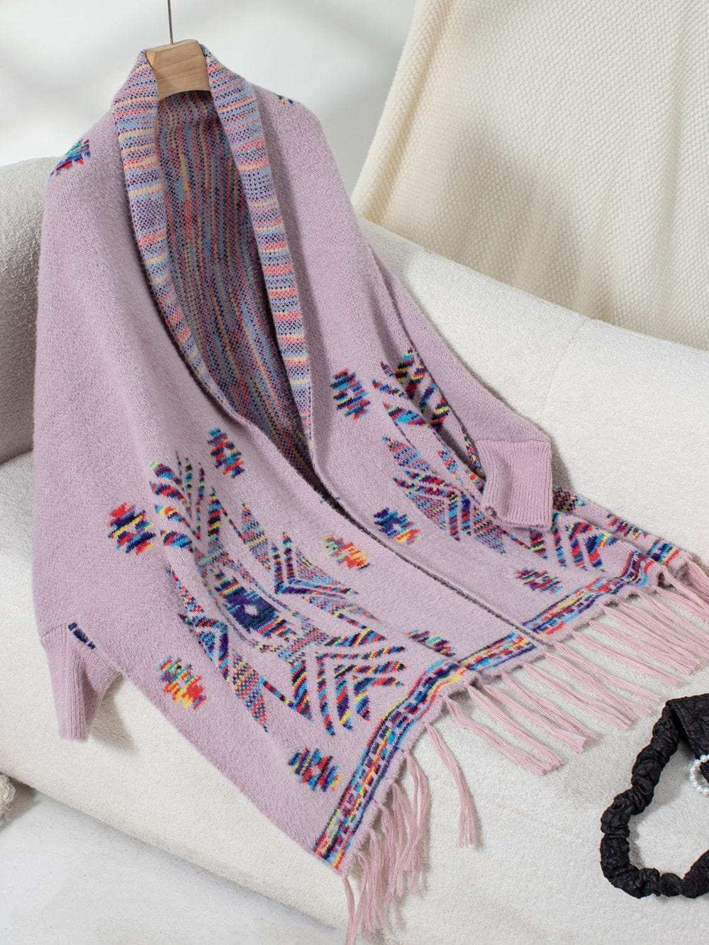 Fringe Geometric Open Front Long Sleeve Cape - Trendsi - Flyclothing LLC