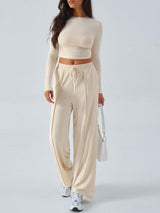 Devine Round Neck Long Sleeve Top and Pants Set - Trendsi - Flyclothing LLC