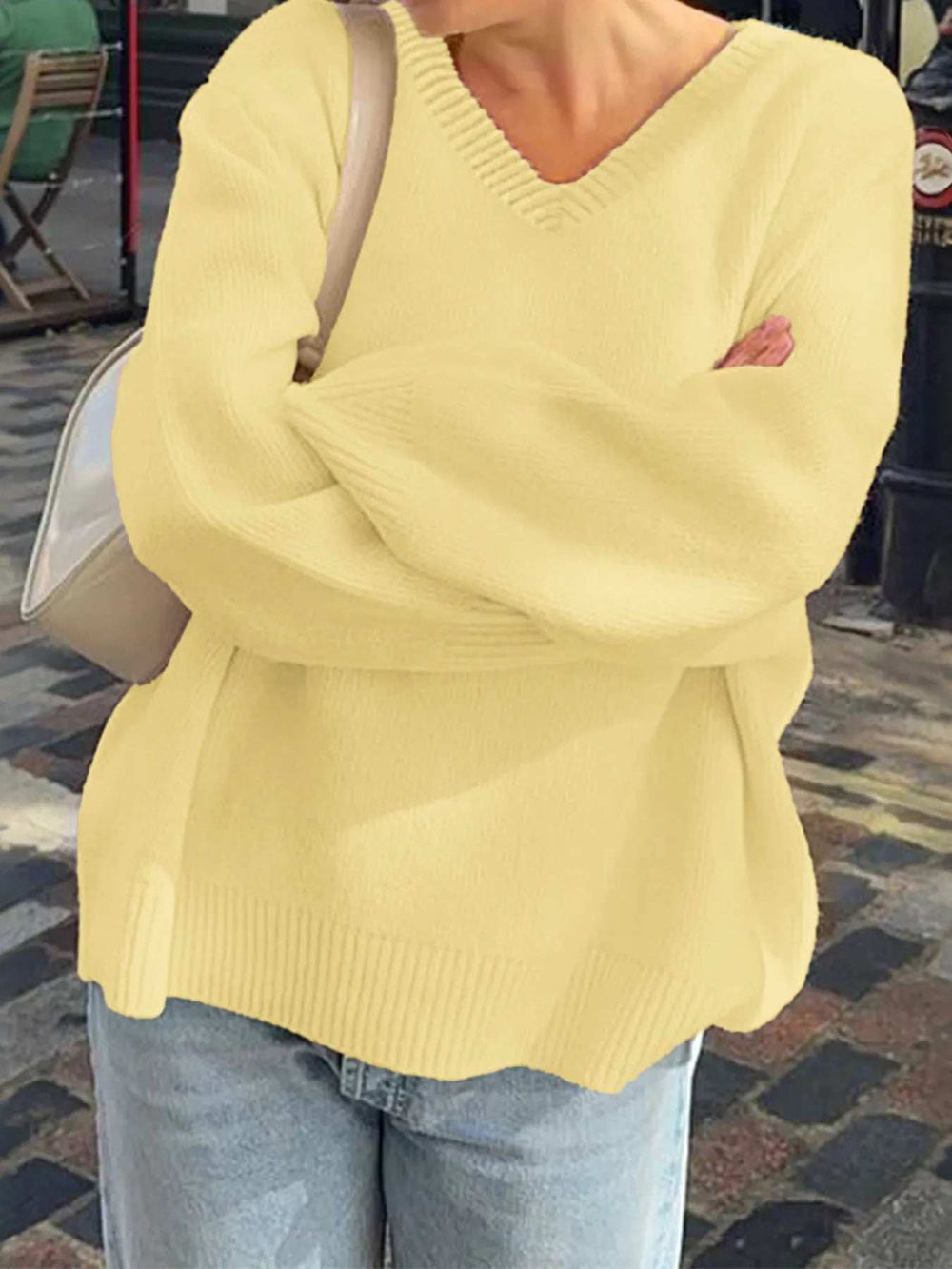 V-Neck Long Sleeve Sweater - Trendsi - Flyclothing LLC