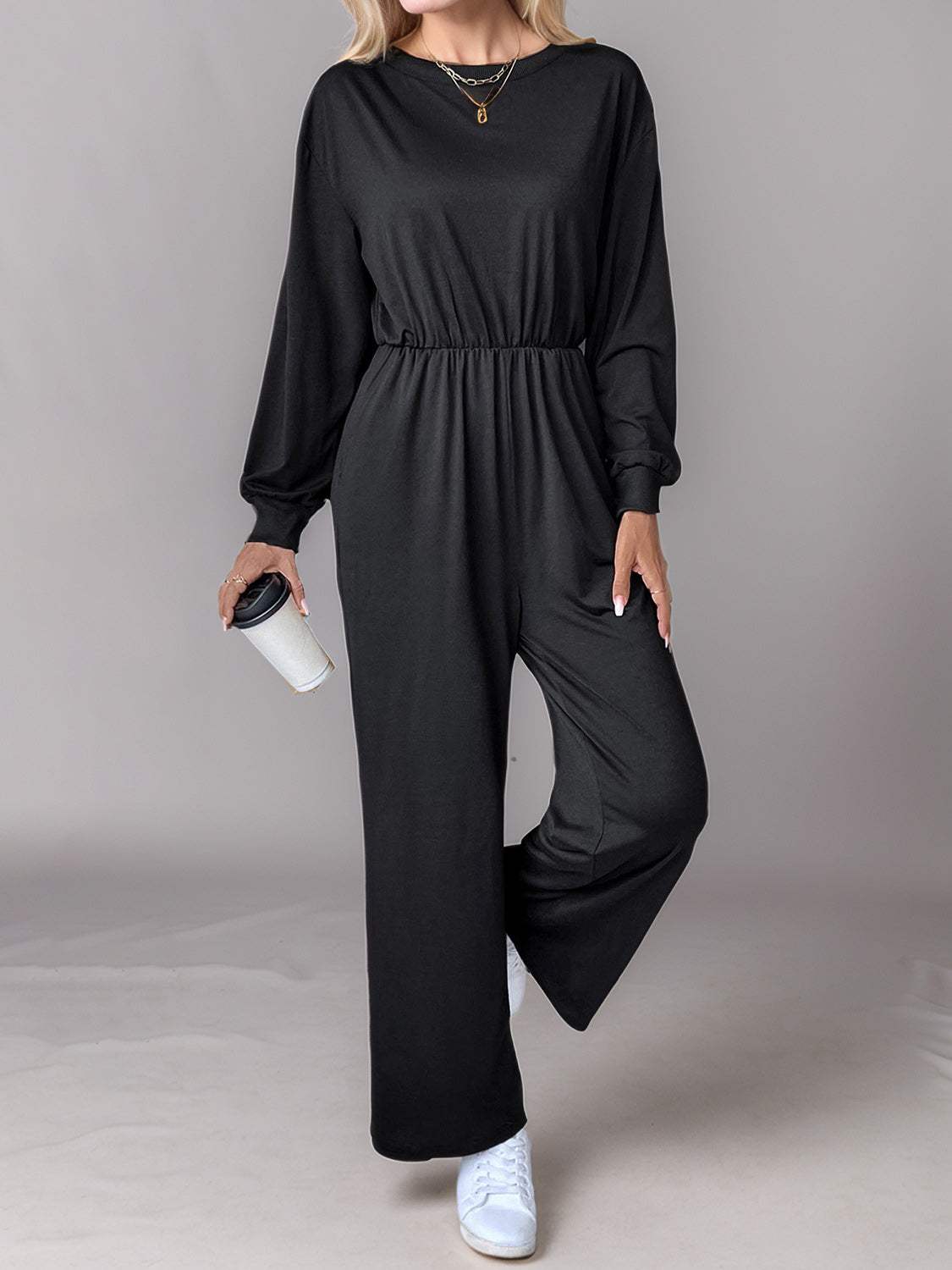 Tied Round Neck Wide Leg Jumpsuit - Trendsi - Flyclothing LLC