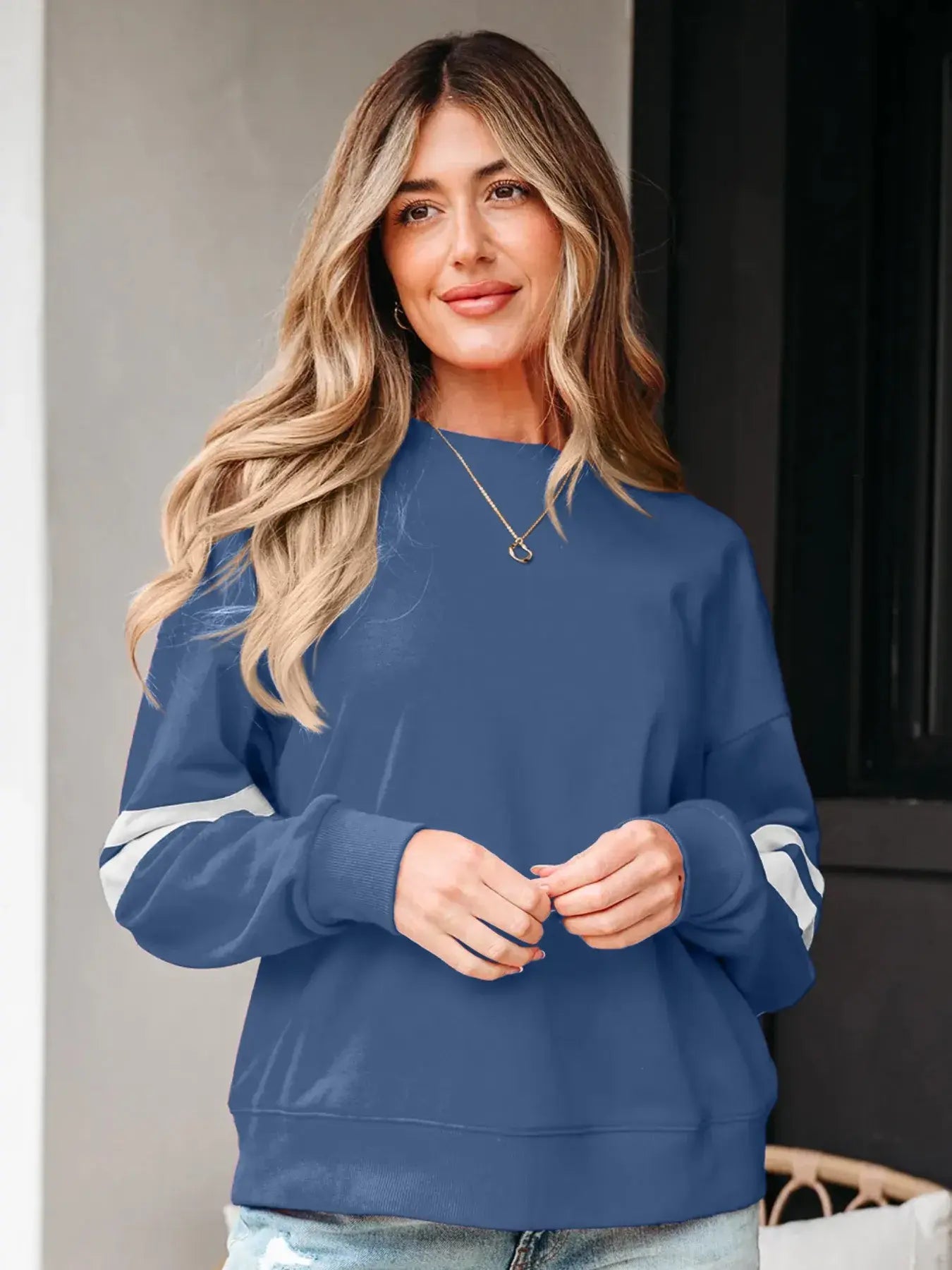 Stripe Round Neck Long Sleeve Sweatshirt - Trendsi - Flyclothing LLC