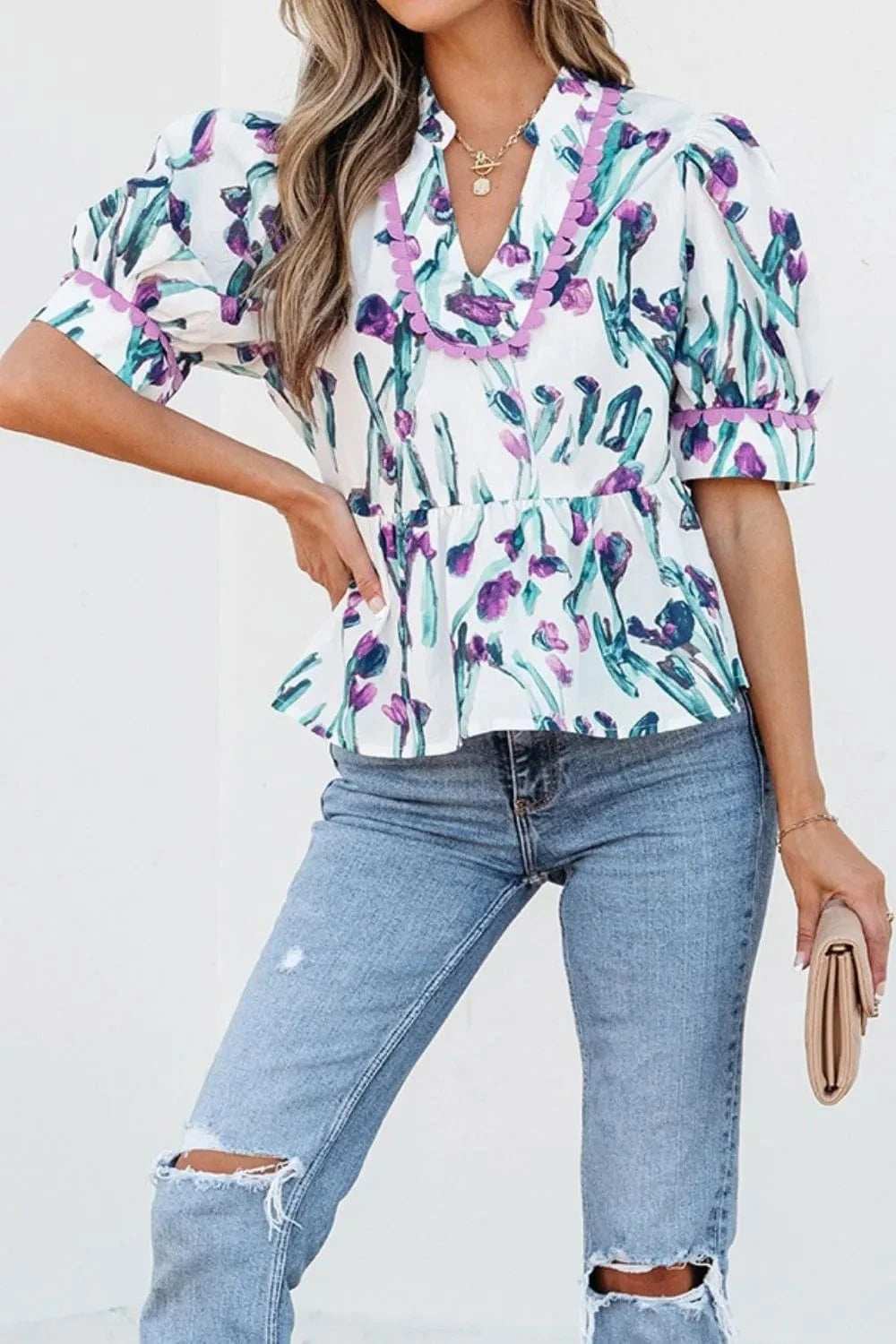 Floral Ricrac Trim Half Sleeve Peplum Top - Trendsi - Flyclothing LLC