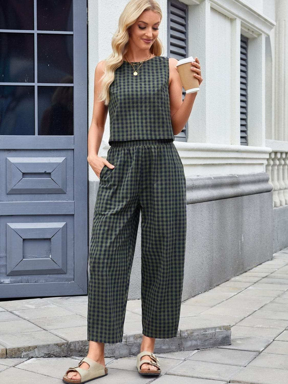 Plaid Sleeveless Top and Pants Set - Trendsi - Flyclothing LLC