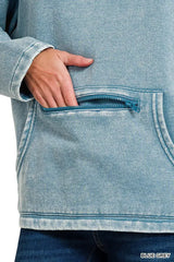 Zenana Fleece Washed High Neck Kangaroo Pocket Sweatshirt - Trendsi - Flyclothing LLC