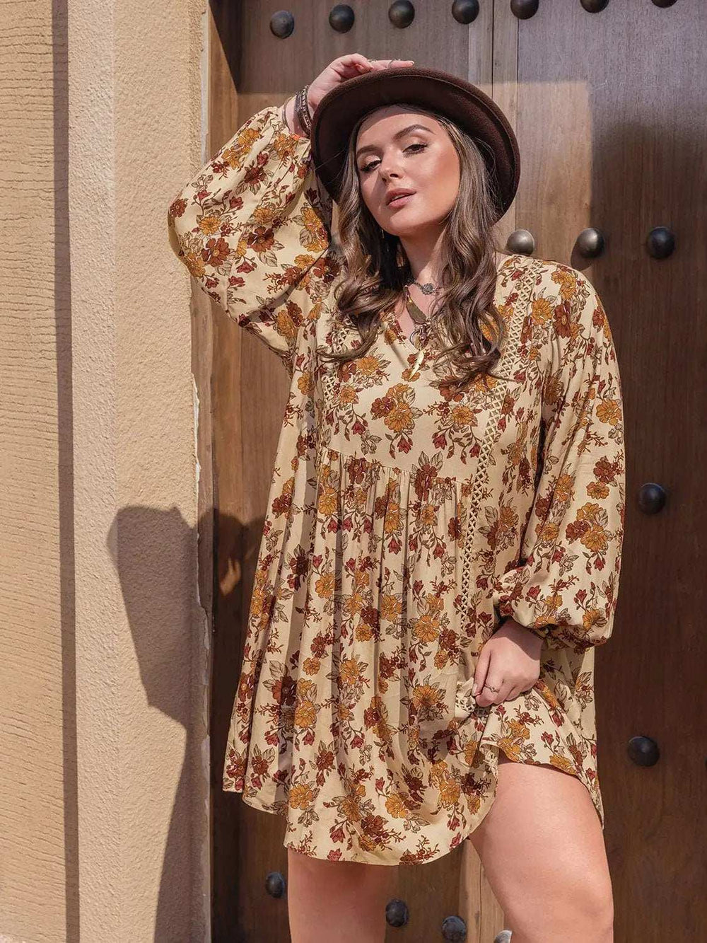 Plus Size Printed V-Neck Balloon Sleeve Mini Dress - Trendsi - Flyclothing LLC