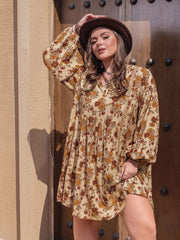 Plus Size Printed V-Neck Balloon Sleeve Mini Dress - Trendsi