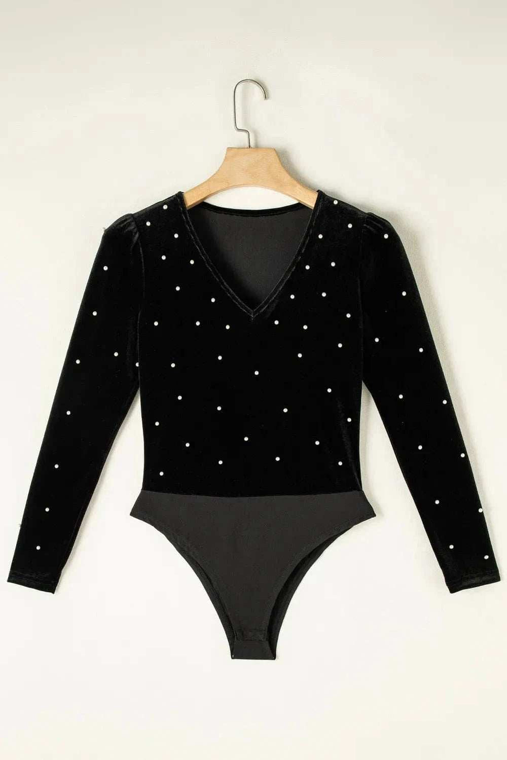 Pearl Detail V-Neck Long Sleeve Bodysuit - Trendsi - Flyclothing LLC