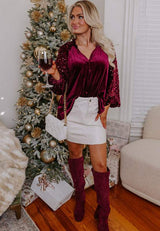 Sequin Notched Long Sleeve Blouse - Trendsi - Flyclothing LLC