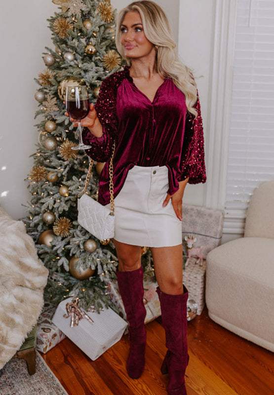 Sequin Notched Long Sleeve Blouse - Trendsi - Flyclothing LLC
